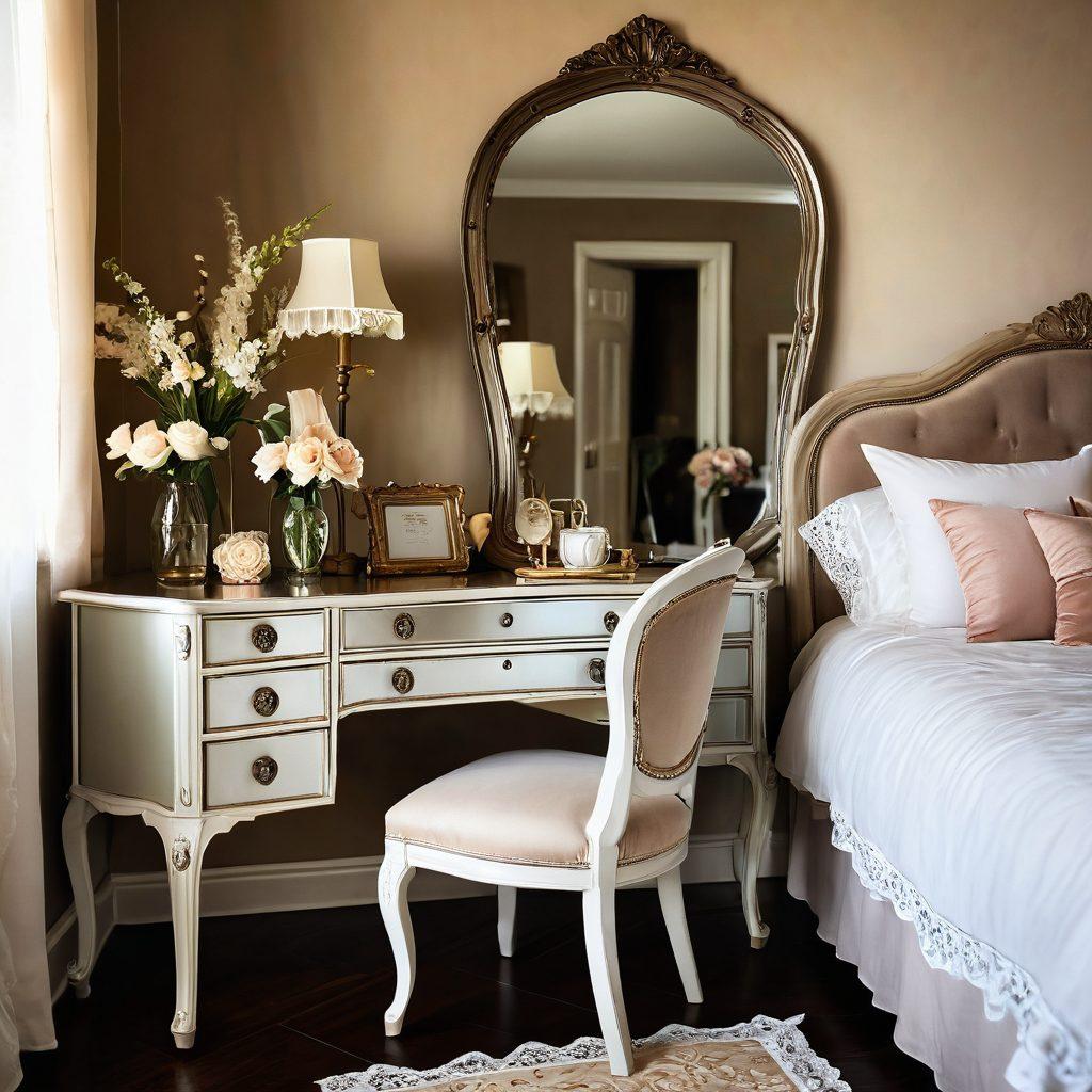 A serene and elegant bedroom setting showcasing a beautifully draped vintage mirror reflecting tasteful lingerie on a delicate lace chair. Soft, warm lighting accentuates intricate details of the lingerie and casts gentle shadows, creating an inviting atmosphere. Fresh flowers are placed artfully around the scene, adding a touch of femininity. The overall composition evokes a sense of intimacy and artistry. soft focus. warm tones. super-realistic. vintage style.